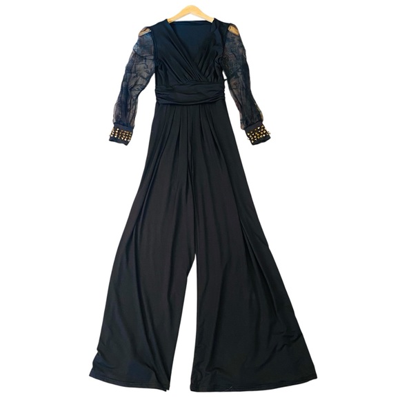 ⭐️ Black Long Sleeved Catsuit Jumpsuit With Sheer Sleeves and Studded Cuffs - Picture 2 of 8